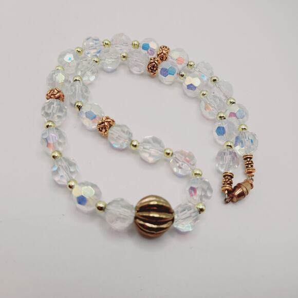 Vintage Czech Fire Polished Crystal Bead Necklace 17" Gold Tone Accents - Picture 3 of 12